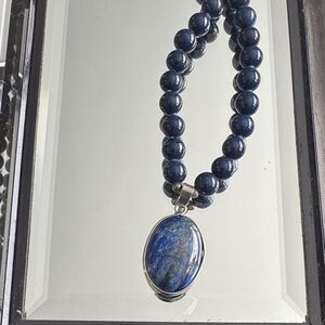 Navy Beaded Necklace with Silver Pendant